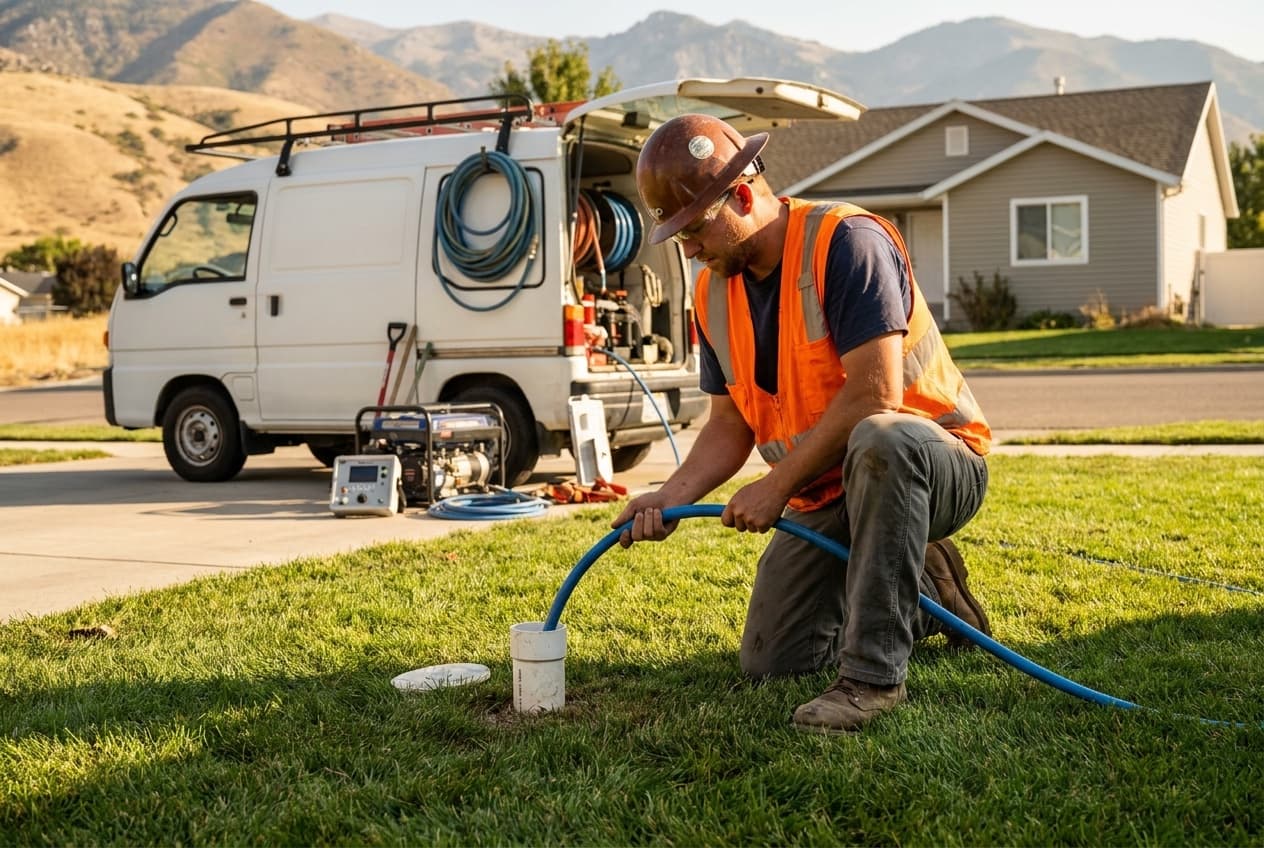 Bortek technician relining a sewer pipe through a cleanout in an intact residential yard in southeast Idaho.