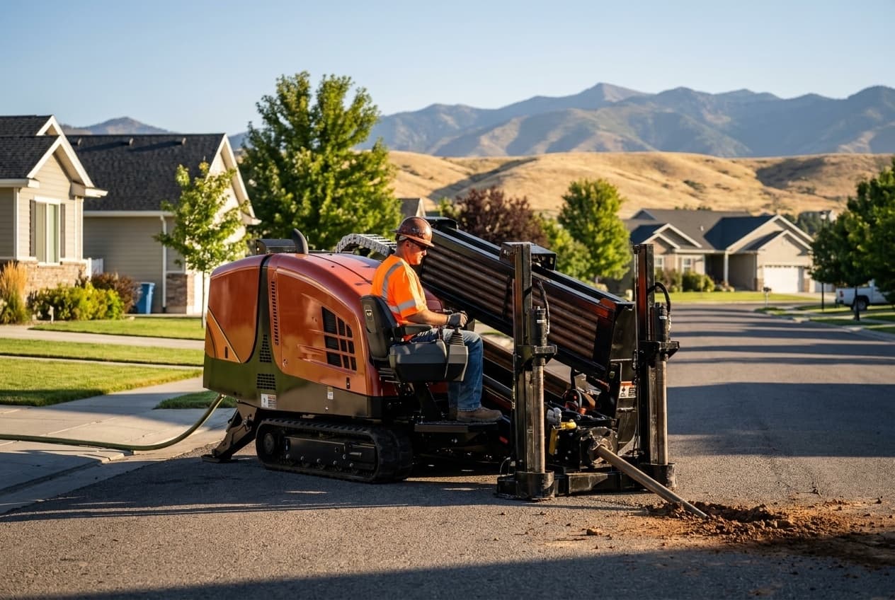 Bortek orange directional drilling rig set up on a residential street in southeast Idaho.