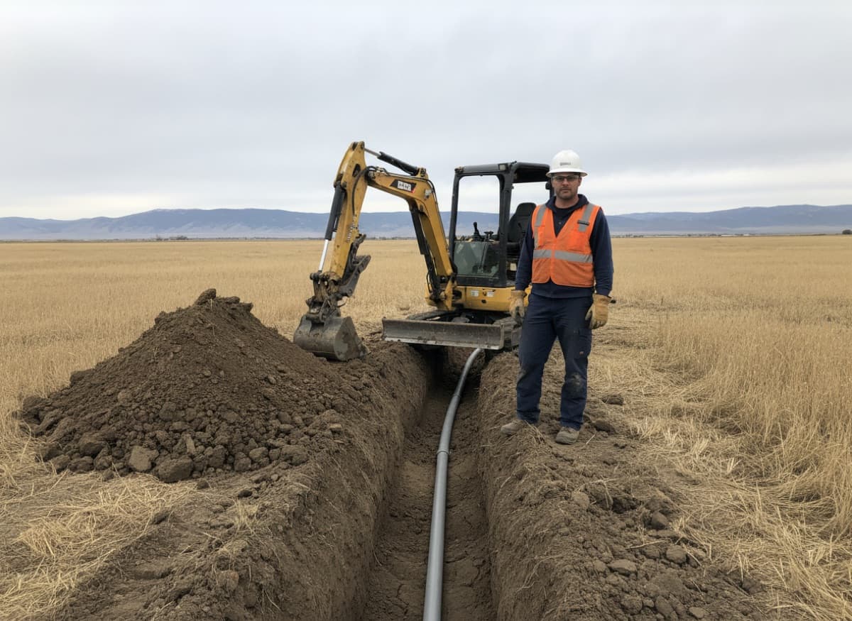 Bortek crew laying pipe in an open trench dug by a compact excavator in Idaho.